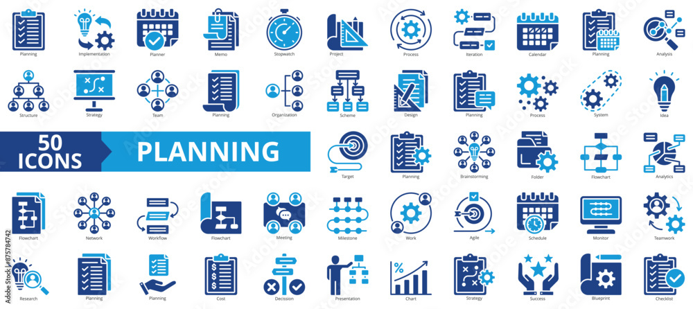Poster Planning icon collection set. Containing implementation, planner, memo, stopwatch, project, process, iteration icon. Simple flat vector.