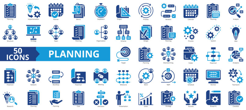 Planning icon collection set. Containing implementation, planner, memo, stopwatch, project, process, iteration icon. Simple flat vector.