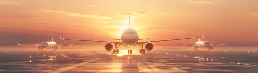 Airplane taking off at sunset.