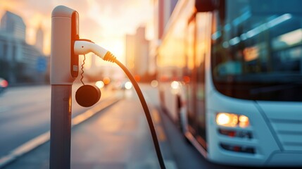 Electric bus charging station with a charging cable plugged in. The bus is in the background, blurred out. The sun is setting behind the city skyline.