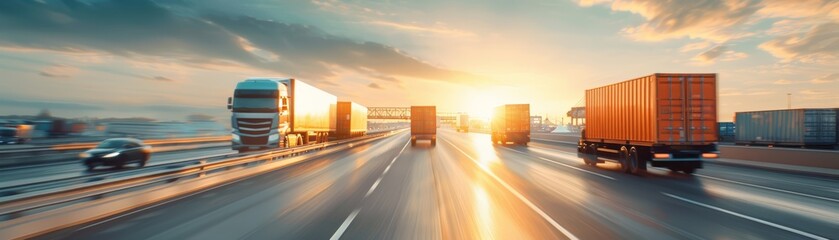 Semi trucks driving on a highway at sunset.