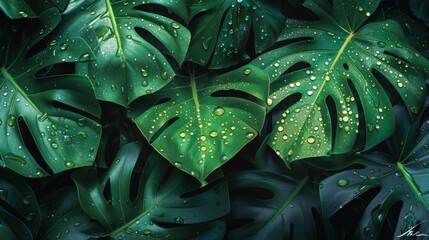 Raindrops on Giant Green Monstera Leaves