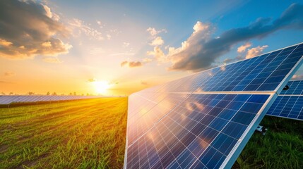 Solar panels in a field at sunset, capturing clean energy from the sun.