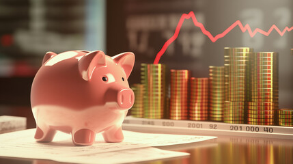 Close-up of a piggy bank with a background of financial charts and currency notes