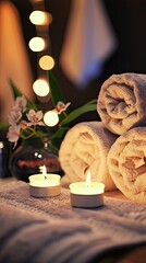 Naklejka premium a candle and two towels on a table with a candle in the background.