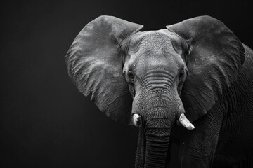 Fototapeta premium Black and white portrait of an elephant with ears wide open against black background, high contrast, high resolution photography