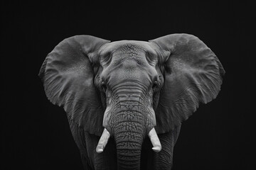 Fototapeta premium Black and white portrait of an elephant with ears wide open against black background, high contrast, high resolution photography