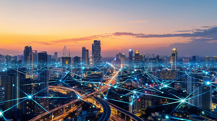Fototapeta premium Digital Network Overlay on Cityscape at Dusk with Connection Nodes