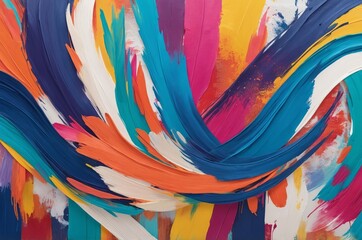 Vibrant abstract acrylic painting featuring bold strokes of blue orange pink yellow and white