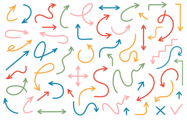 Vector arrow set hand draw color style isolated on checkered background for infographic, pictogram, logo, enblem. Arrow up logo. 10 eps