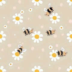 Simple Cartoon Bee and Chamomile Flower Seamless Background
