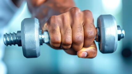 Fototapeta premium Close-up of a strong hand gripping a dumbbell, highlighting muscle definition and strength during a workout.