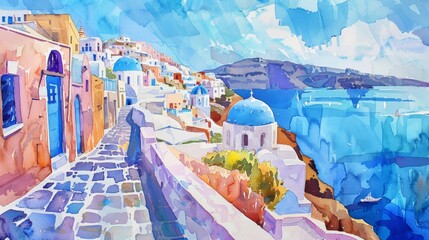 Fototapeta premium Watercolor paintings of Santorini streets and landscapes of Provence, Greece.