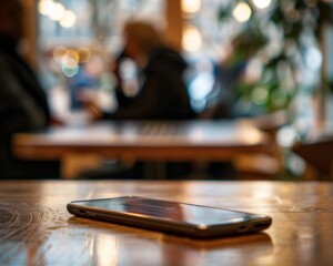 a cellphone lying on a table, and in the background there is a person talking on another cellphone, The focus is on the cellphone that is on the table