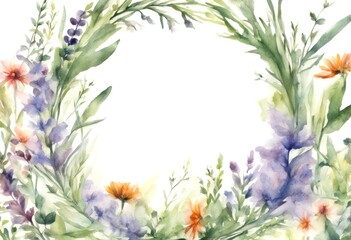 Naklejka premium frame plants chaplet botanical field summer watercolor illustration rbs drawing wreath natural flowers rbal green background