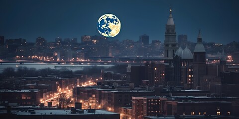 Panoramic view of Helsinki, Finland at night with full moon.