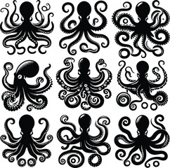 Octopus set silhouette vector on a white background