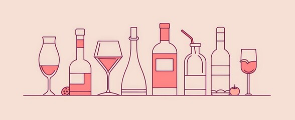 A minimalistic line drawing of wine glasses, bottles and shots on light pink background, simple pastel color scheme