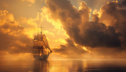Fototapeta premium Sailing ship on a calm sea at sunset with dramatic clouds and golden light reflections.