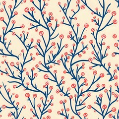 Peaceful Botanical Pattern with Branches, Red Berries, and Green Leaves