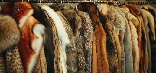 a storage vault for fur, advertise for dry cleaning company, A rack of fur coats in various colors...