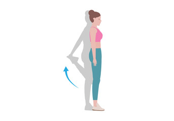 Woman doing cool down after exercises.for doing Standing Quadricep Stretch. Balance pose, flexibility improvement. Isolated vector illustration in cartoon style. Fitness and health.