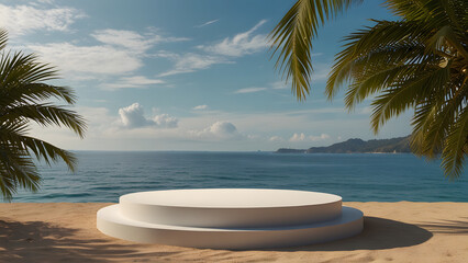 Fototapeta premium Empty podium with beach, palm trees, and sea. Product presentation mockup, tropical, ocean, beach, summer theme, seascape, paradise theme.