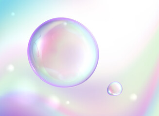 Holo 3d bubbles. Set of realistic soap bubbles. Colorful flying soap bubbles.
