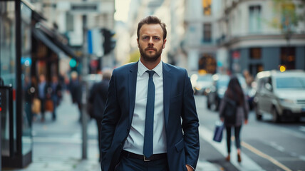 businessman in a navy blue suit walking confidently through a busy city street,
