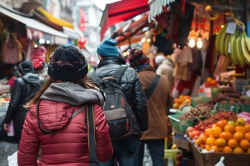 Exploring vibrant market stalls in a bustling city