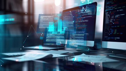 Fototapeta premium Futuristic Workspace with Code on Screens and Digital Documents, High-Tech Office Environment for Software Development and Data Analysis.