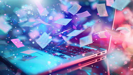 Colorful Digital Data Transfer with Laptop and Floating Documents, Conceptual Visualization of Modern Information Exchange and Cloud Computing