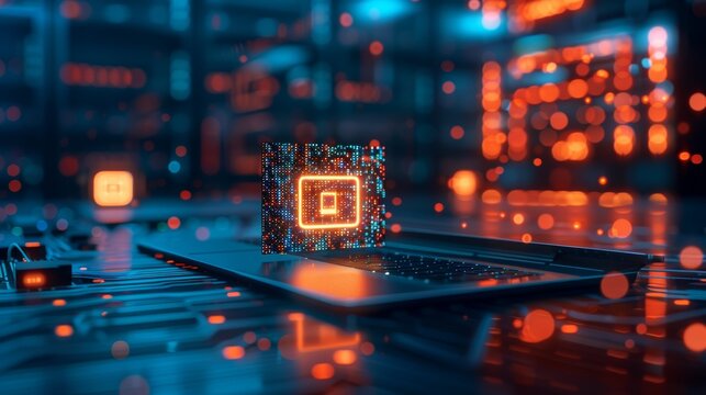 Abstract digital rendering of a glowing padlock symbol on a futuristic circuit board.