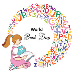 World Book Day. 23 April. Cute, funny Girl reading book isolated on white background. Education and school concept.  Vector Illustration
