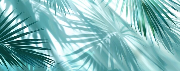 Abstract background with palm leaves shadows on the wall, light blue and mint green gradient, 
