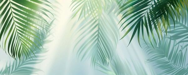Abstract background with palm leaves shadows on the wall, light blue and mint green gradient, 