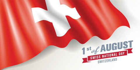 Switzerland national day vector banner, greeting card. Swiss wavy flag in 1st of August national patriotic holiday horizontal design