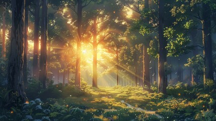 Obraz premium Glowing rays of sunlight shining through the tall green trees of an enchanted forest