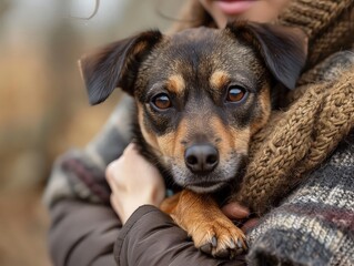 person holding a rescued dog or cat, showing love and compassion towards animals in need.