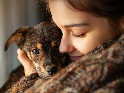person holding a rescued dog or cat, showing love and compassion towards animals in need.