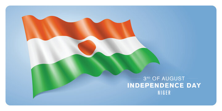Niger independence day vector banner, greeting card. Nigerian wavy flag in 3rd of August patriotic holiday horizontal design with realistic flag