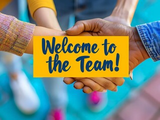banner with "Welcome to the Team!" decorated with warm colors and a handshake graphic, congratulating a new editorial team member.