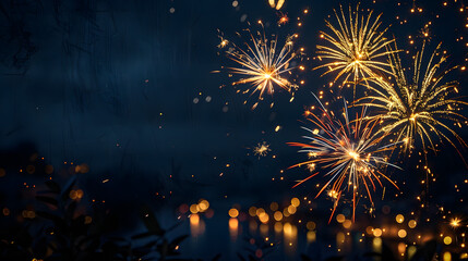 Sylvester Festival Party New Year 2024, New Year's Eve fireworks background banner panorama - Firework on rustic dark blue night sky texture