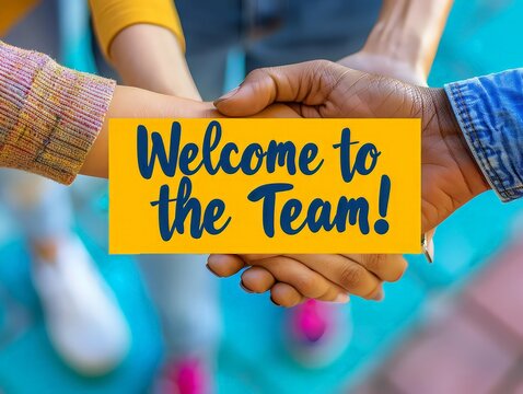 banner with "Welcome to the Team!" decorated with warm colors and a handshake graphic, congratulating a new editorial team member.