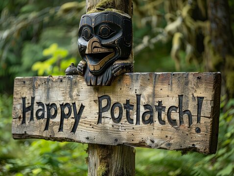 signboard with "Happy Potlatch!" featuring traditional items and totems, celebrating the ceremonial feast and gift-giving among Pacific Northwest tribes.