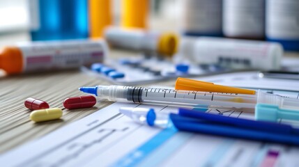 Close up of medical equipment and pills on a desk. Concept of healthcare, medicine, pharmacy, and treatment.