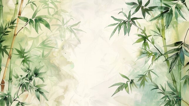 Watercolor painting of bamboo leaves with a soft background in muted green tones