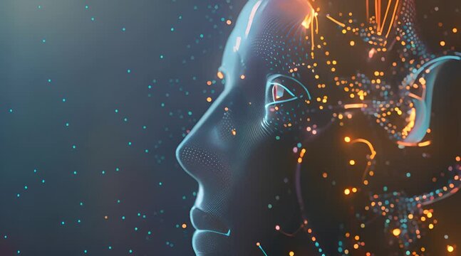 Future AI tech machine learning, face outline circuit board and binary data flow on blue Loop background. cyber mind Human fast digital computing, robot revolution Big data, artificial intelligence
