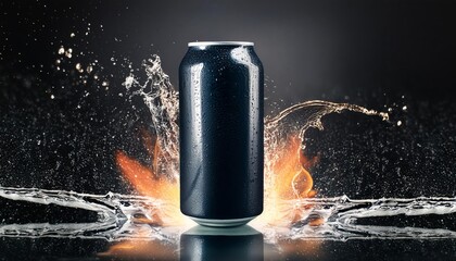 Soda or Energy Drink Can Mockup - Black Can Template - Aluminium Tin Drinking Can for Logo Placement - Design Template for Beverage - Beer Can Packaging with Drops and Effects
