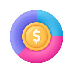 Pie chart diagram and dollar coin in the middle. Finance and business analysis, budget and investment concept. 3d vector icon. Cartoon minimal style.